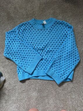 H&M Bright Blue Open-Knit Crewneck Sweater